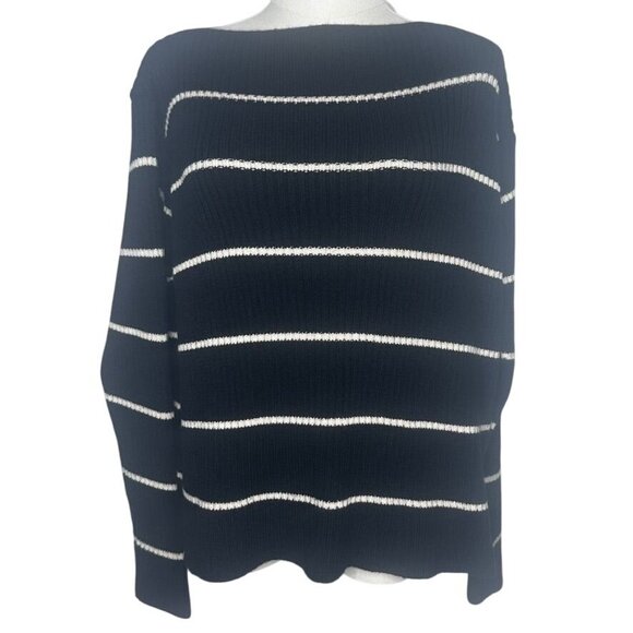 Luxury Silk Wool Blend Stripe Black White Sweater Womens L Classic Career Soft - Picture 2 of 7